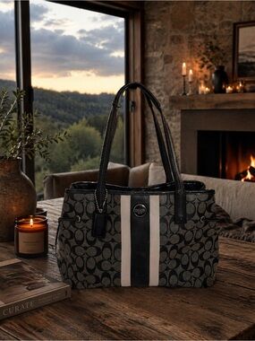 Coach Carryall 2013 Signature  Canvas Black Stripe Tote Bag